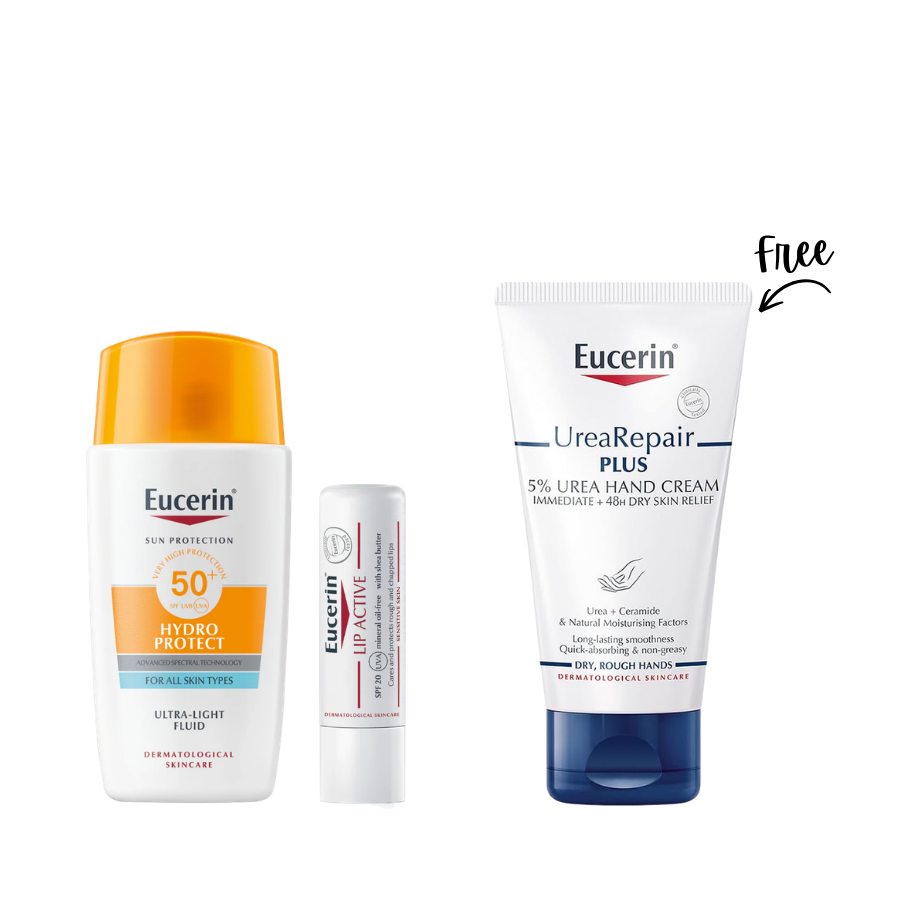 Eucerin Hydro Protect SPF50+ Fluid + Lip Active + FREE UreaRepair Hand Cream